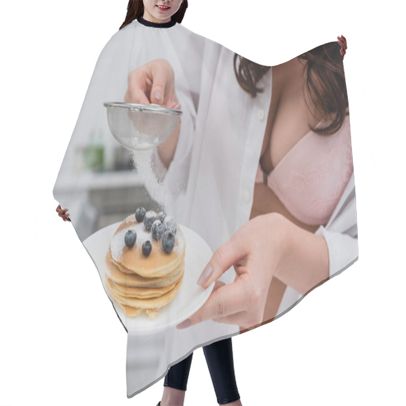 Personality  Cropped View Of Seductive Woman Pouring Powdered Sugar On Pancakes With Berries In Kitchen  Hair Cutting Cape