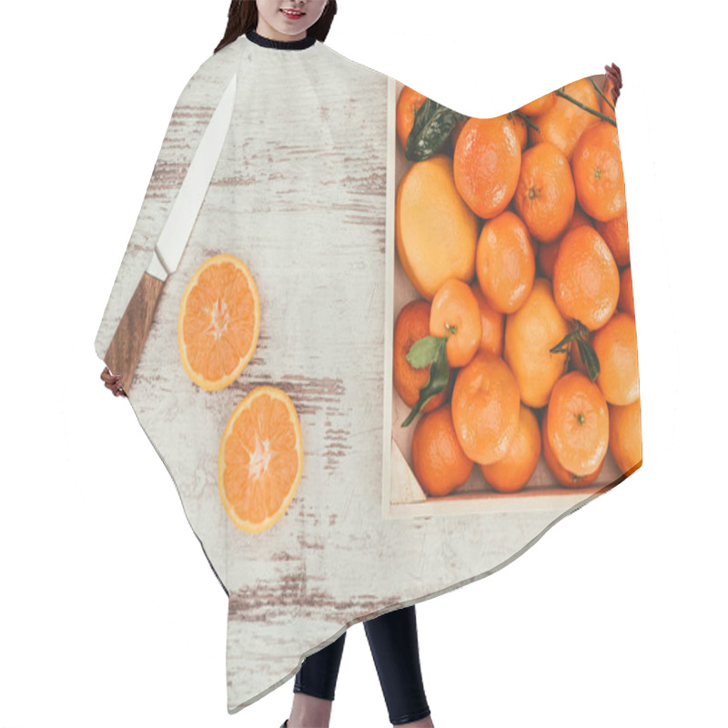 Personality  Flat Lay With Tangerines In Box, Pieces Of Orange And Knife On Shabby Wooden Tabletop Hair Cutting Cape