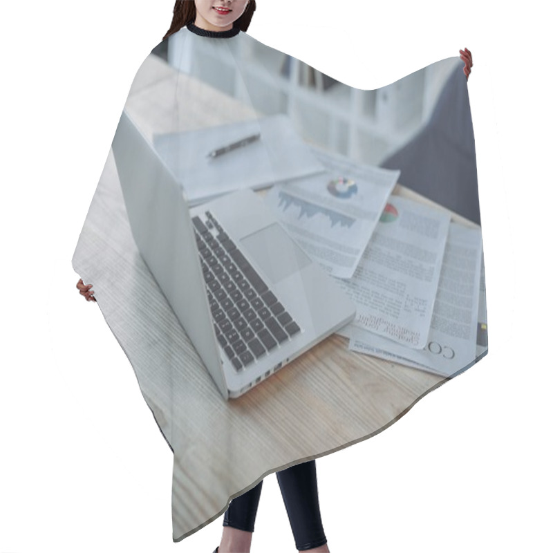 Personality  Laptop And Papers At Workplace Hair Cutting Cape