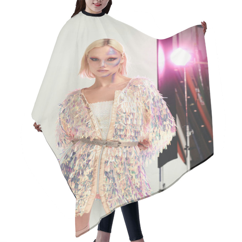 Personality  Young Woman Showcases Her Fashion Forward Style With Vibrant Holographic Elements. Hair Cutting Cape