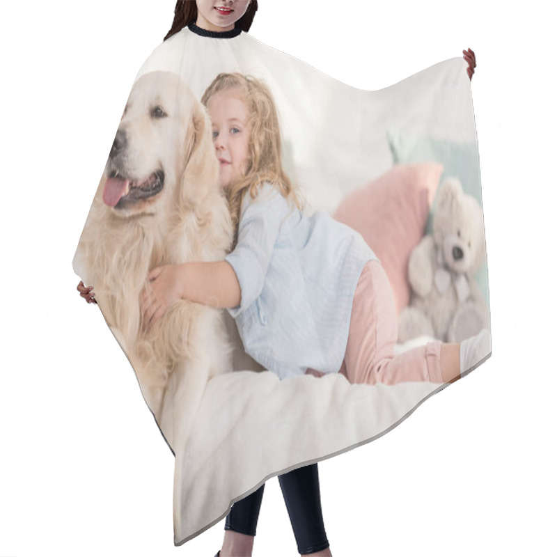 Personality  Adorable Kid Hugging Golden Retriever On Bed In Children Room Hair Cutting Cape