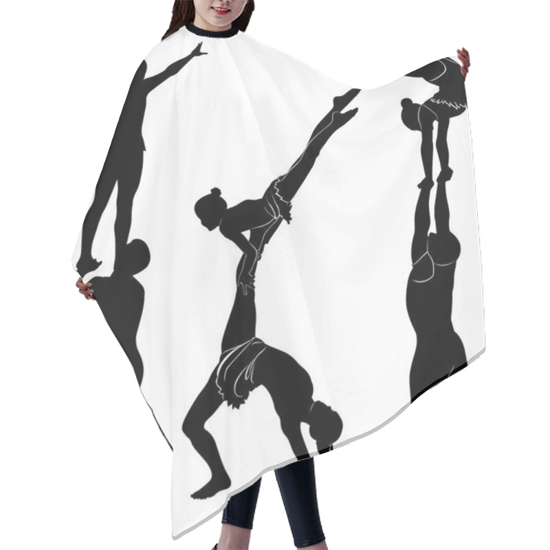 Personality  Acrobatic Stunt. Gymnasts Acrobats Vector Black Silhouette. Gymnasts Acrobats Vector Hair Cutting Cape