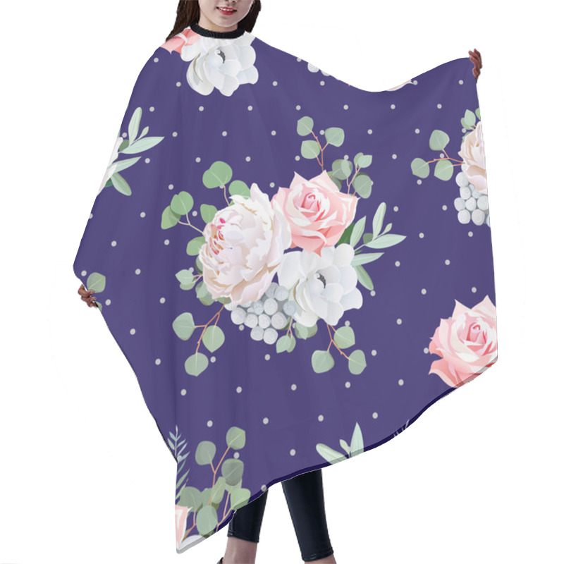 Personality  Navy Pattern With Bouquets Of Rose, Peony, Anemone, Brunia Flowe Hair Cutting Cape