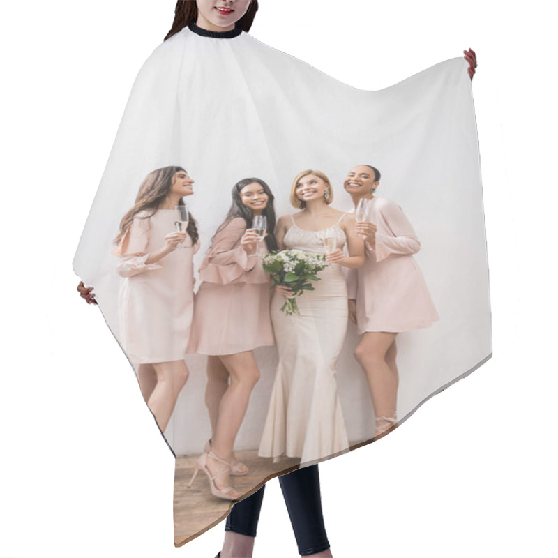 Personality  Joy, Blonde Bride In Wedding Dress Holding Bouquet, Standing With Interracial Bridesmaids, Champagne Glasses, Grey Background, Racial Diversity, Fashion, Multicultural Young Women  Hair Cutting Cape