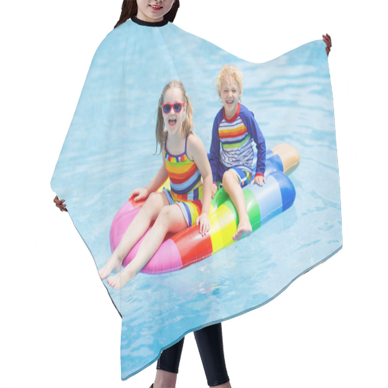 Personality  Kids On Inflatable Float In Swimming Pool.  Hair Cutting Cape