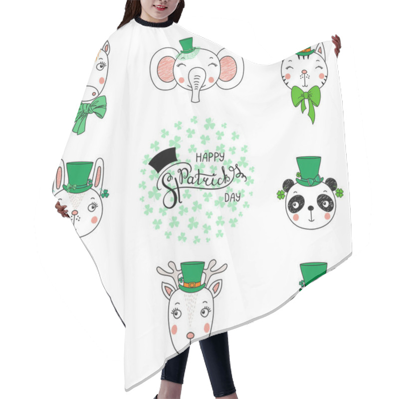 Personality  Set Of Hand Drawn Cute Funny Animals In Leprechaun Top Hats With Text Happy Saint Patricks Day, Vector, Illustration Hair Cutting Cape