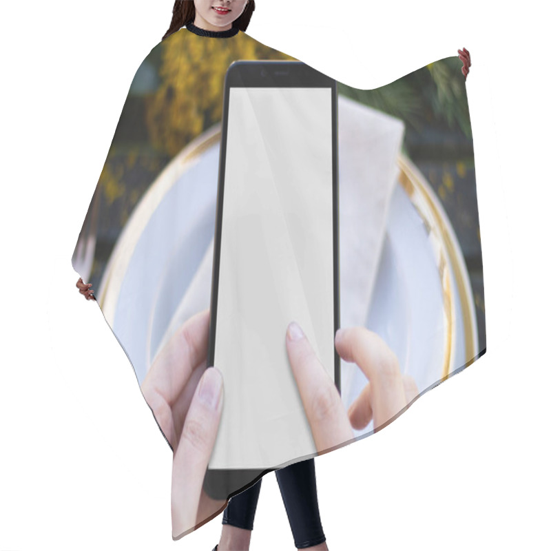 Personality  Hands Holding A Smartphone On A Table With Flowers And Table Ware Hair Cutting Cape