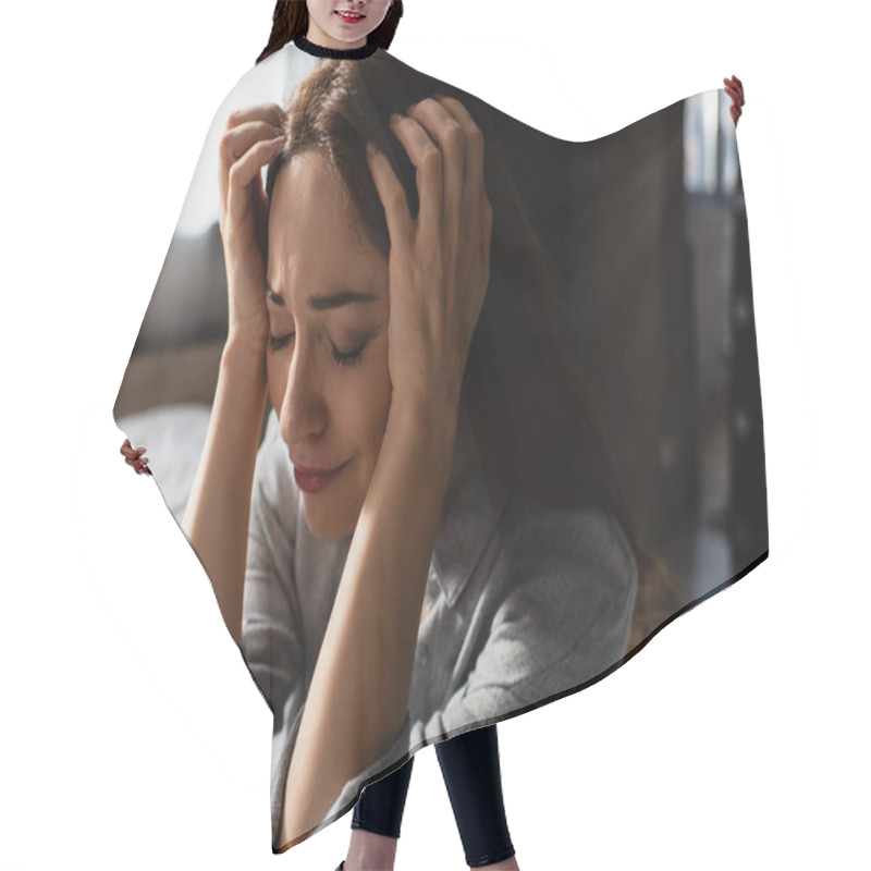 Personality  Upset And Brunette Woman Touching Hair While Crying At Home Hair Cutting Cape