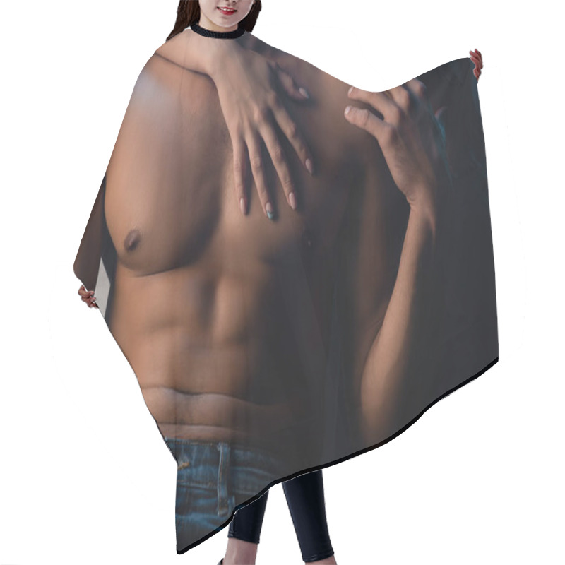 Personality  Cropped View Of Woman Touching Chest Of Sexy Man On Black Background Hair Cutting Cape