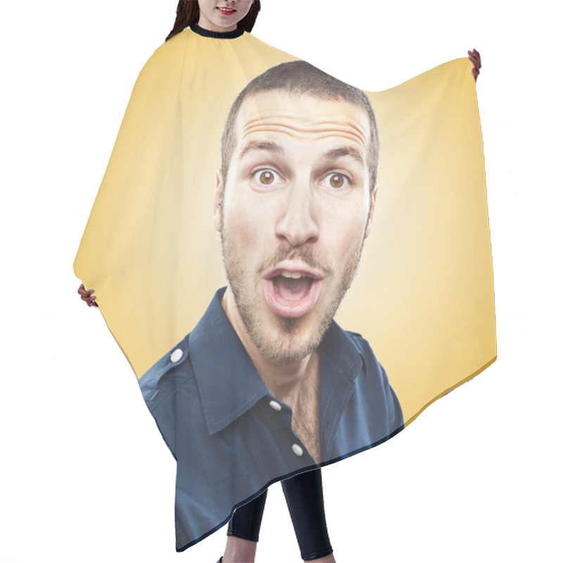 Personality  Portrait Of A Young Beautiful Man Surprised Face Expression Hair Cutting Cape