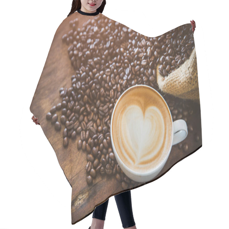 Personality  Coffee Latte With Coffee Beans  On Dark Background, Top View Hair Cutting Cape