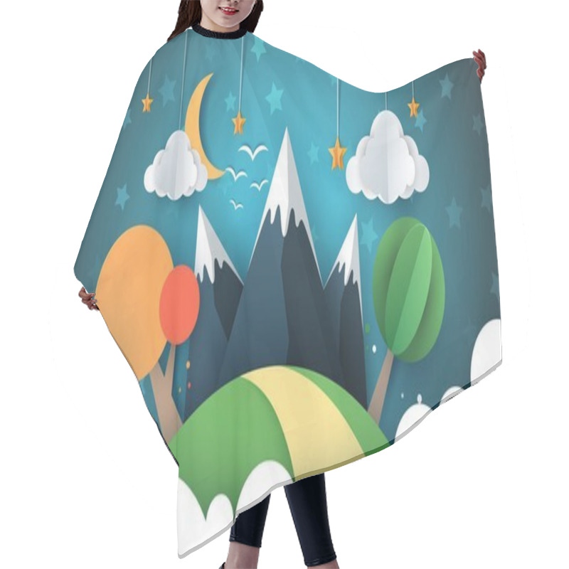 Personality  Paper Travel Illustration Sun, Cloud, Hill, Mountain, Bird. Hair Cutting Cape