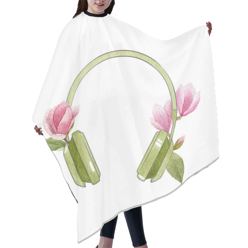 Personality  Watercolor Green Headphones With Magnolia Flowers. Spring Bright Illustration Isolated On White Background. Music Hand Drawn Logo. Hair Cutting Cape