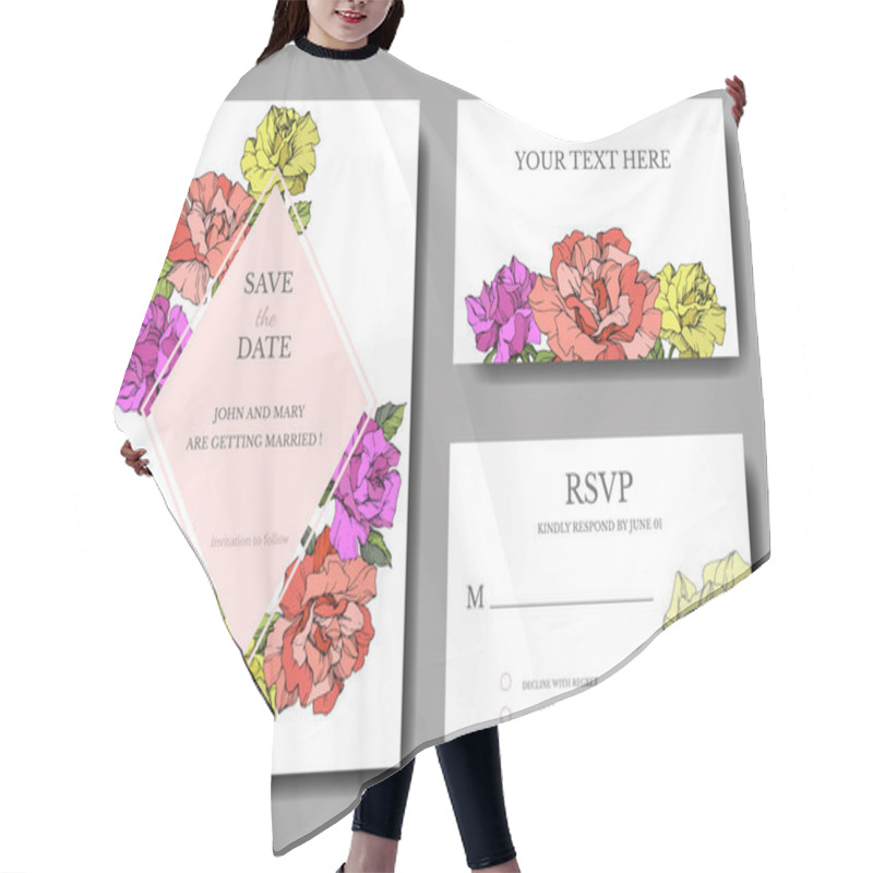 Personality  Vector. Coral, Yellow And Purple Rose Flowers On Cards. Wedding Cards With Floral Decorative Borders. Thank You, Rsvp, Invitation Elegant Cards Illustration Graphic Set. Engraved Ink Art. Hair Cutting Cape