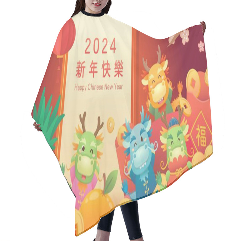 Personality  Elements Of Chinese New Year, Lantern With Red Paper Package And Plum Blossoms, Playful And Cute Mascot Of Dragon, Translation: Happy New Year Hair Cutting Cape