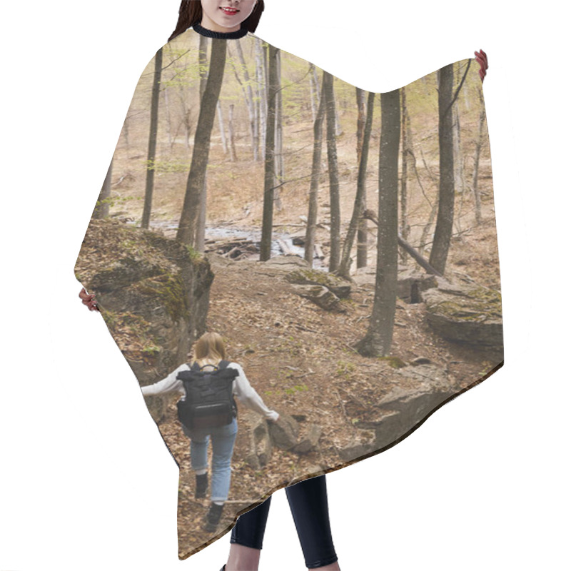 Personality  Back View Of Young Blonde Female Traveler Wearing Backpack Running To Forest Stream Hair Cutting Cape