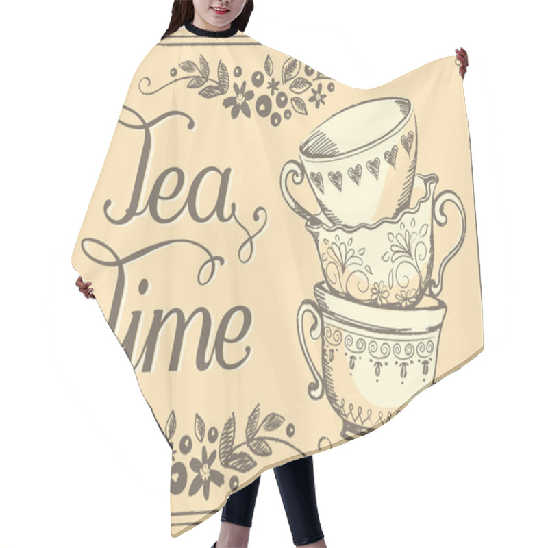 Personality  Illustration Tea Time With Cute Cups. Freehand Drawing. Sketch Hair Cutting Cape