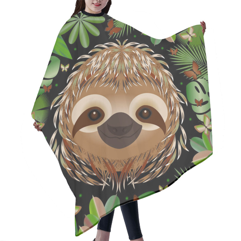 Personality  Sloth. Head Face Portrait. Beige Fur. Cartoon Style. Animal Smiles. Frame Of Jungle Leaves Hair Cutting Cape