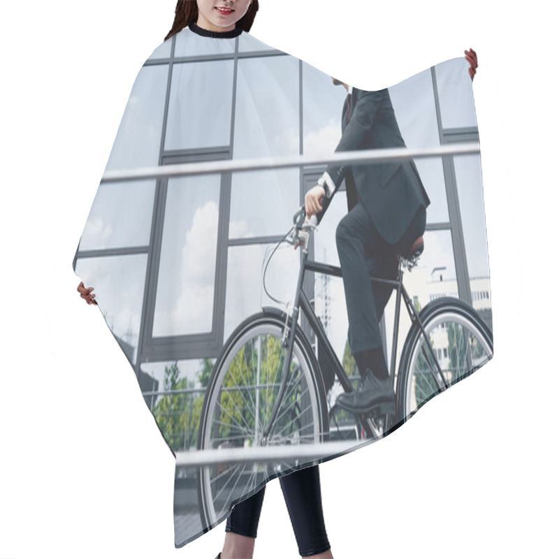 Personality  Full Length Of Businessman In Suit And Glasses Riding Bike Near Building With Glass Facade Hair Cutting Cape