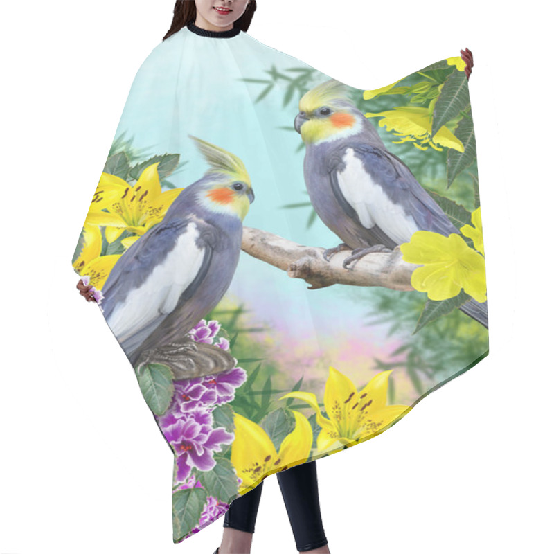 Personality  Two Parrot Corella On A Background Of Tropical Flowers Hair Cutting Cape