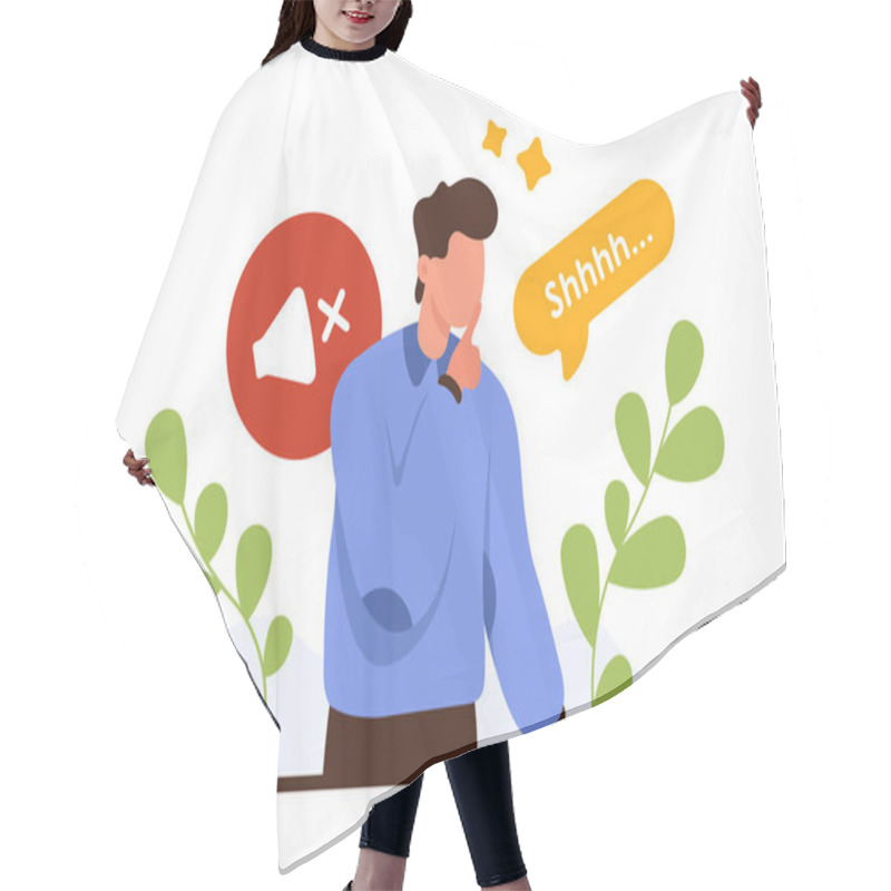 Personality  Please Keep Quiet, Mystery Silent Gesture From Man. Male Character Holding Finger At Mouth To Ask For Silence And Keep Secret, Stop Talking, Shhh Text In Speech Bubble Cartoon Vector Illustration Hair Cutting Cape