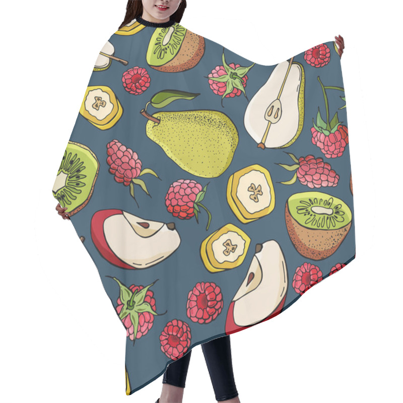 Personality   Fruit Seamless Pattern. Pears, Bananas, Apples, Kiwi, Raspberries. Cartoon Style. Stock Illustration. Design For Wallpaper, Fabric, Textile, Packaging. Hair Cutting Cape