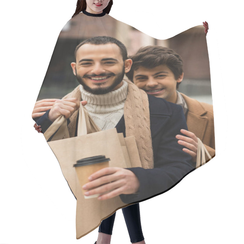 Personality  Cheerful Gay Man Embracing Bearded Boyfriend Holding Paper Cup And Shopping Bags Hair Cutting Cape