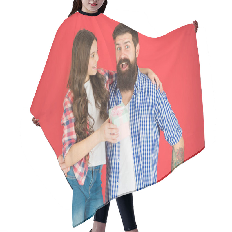 Personality  For Best Dad Ever. Man Bearded Father And Cute Little Girl Daughter On Red Background. Celebrate Fathers Day. Family Values Concept. Friendly Relations. Father Hipster And His Daughter. Gift Surprise Hair Cutting Cape