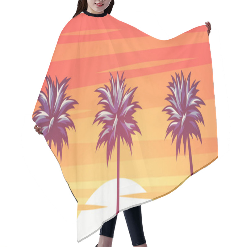 Personality  Summer Tropical Background. Palms Silhouettes On The Beach. Sunset Or Sunrise Colors. Beautiful Orange Sky And Nature Landscape. Simple Modern Design. Flat Style Vector Illustration. Hair Cutting Cape