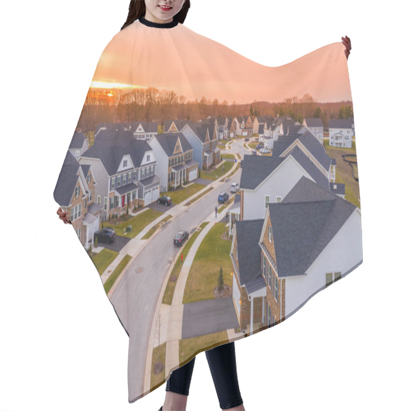 Personality  New American East Coast Neighborhood Street Curving Along Houses View During Sunset Hair Cutting Cape