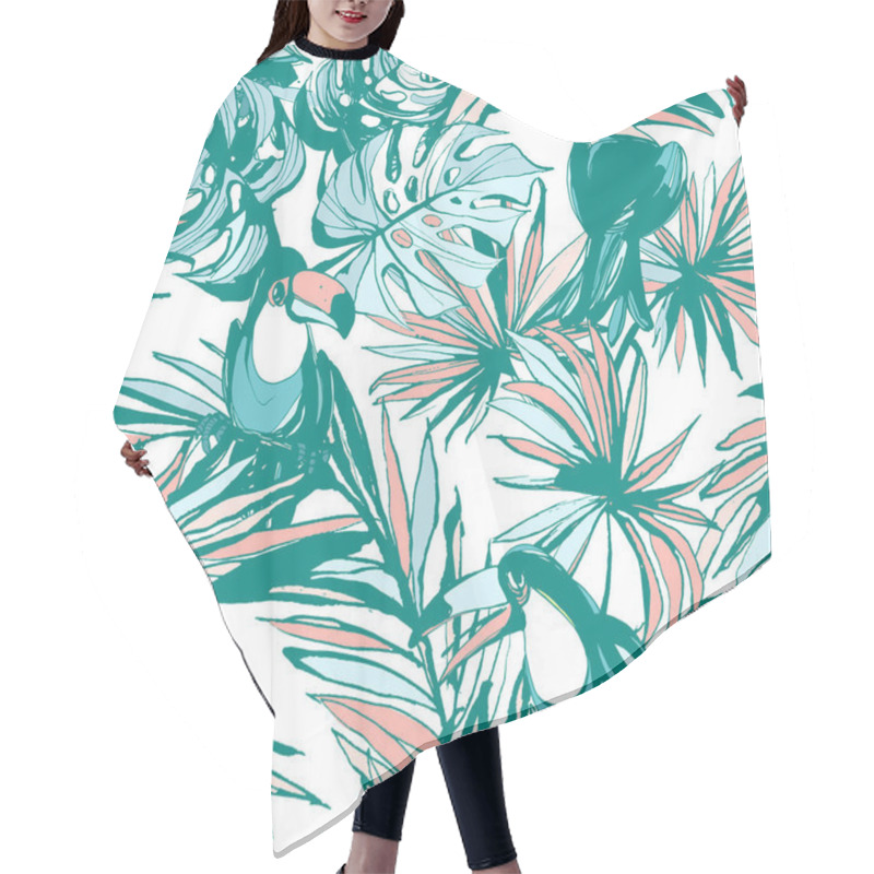 Personality  Seamless Pattern Ink Hand Drawn Tropical Palm Leaves, Flowers, Birds. Hair Cutting Cape