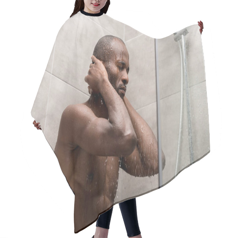 Personality  Handsome African American Man Taking Shower  Hair Cutting Cape