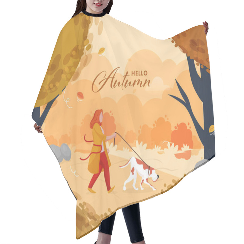 Personality  Hello Autumn Seasonal Background With Young Woman Walking Her Dog Illustration. Hair Cutting Cape