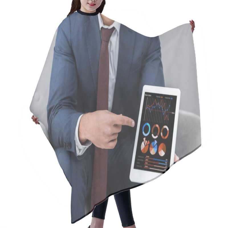 Personality  Cropped Shot Of Businessman In Formal Wear Pointing With Finger At Digital Tablet With Business Charts And Graphs Hair Cutting Cape