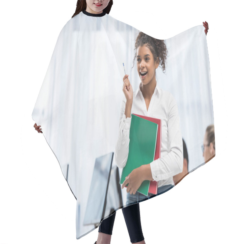 Personality  Young Happy African American Student Girl In Classroom With Friends Hair Cutting Cape