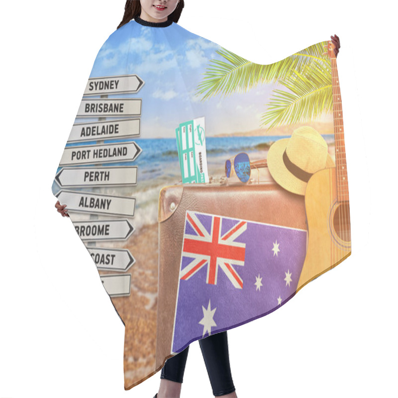 Personality  Concept Of Summer Traveling With Old Suitcase And Australia With Burning Sun Hair Cutting Cape