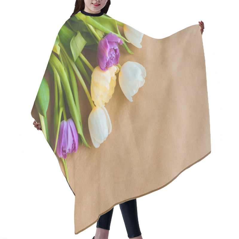 Personality  Top View Of Beautiful Tulip Flowers On Craft Paper Hair Cutting Cape