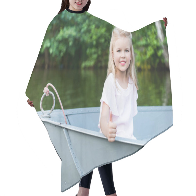 Personality  Beautiful Little Child Showing Thumb Up At Camera While Floating In Boat On Lake Hair Cutting Cape