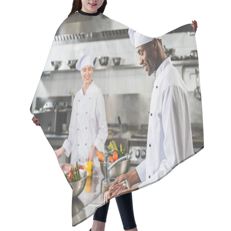 Personality  Smiling African American Chef Holding Tray With Raw Meat At Restaurant Kitchen  Hair Cutting Cape