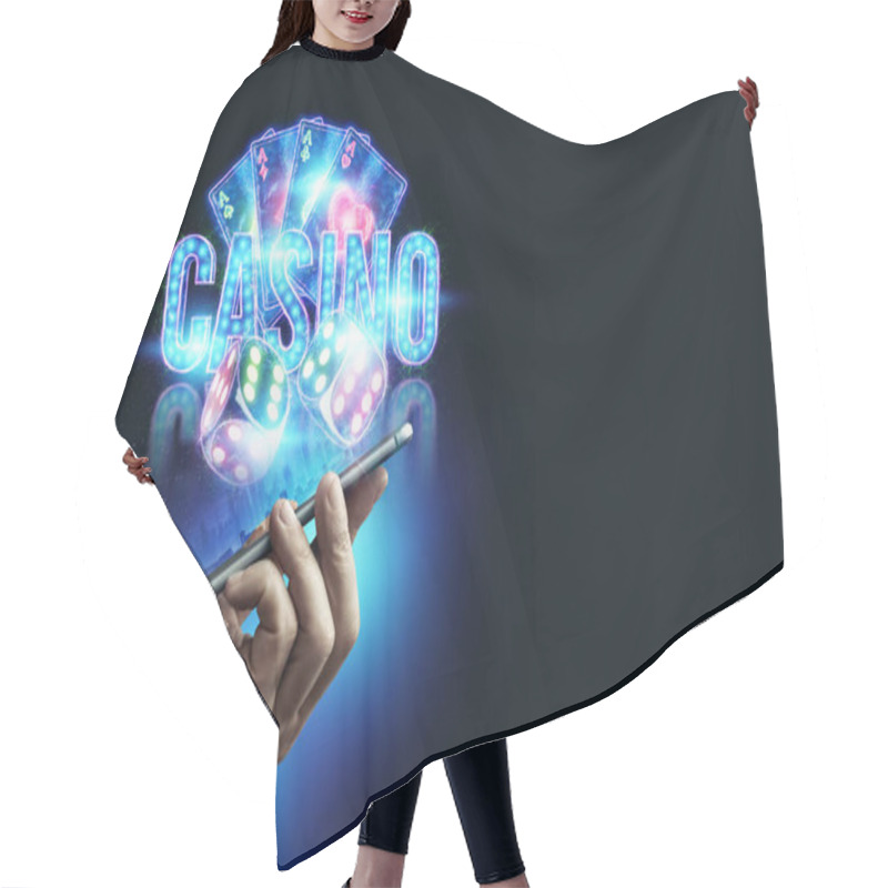 Personality  In A Man's Hand A Smartphone With Neon Playing Cards, Roulette And Chips, The Inscription Casino. Concept For Online Games, Online Casino, Gambling, Bets. 3D Illustration, 3D Rendering. Hair Cutting Cape