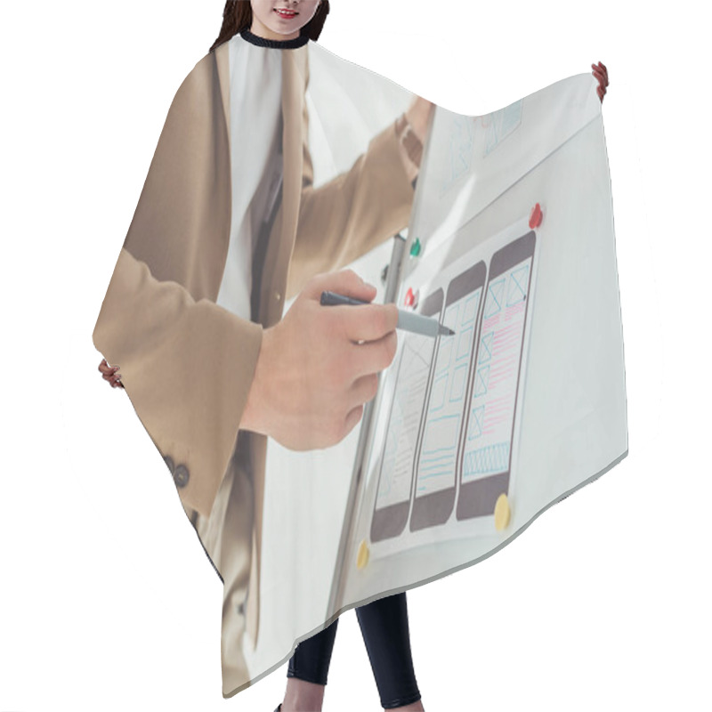 Personality  Cropped View Of Designer Making Notes On App Interface Sketches On Whiteboard In Office Hair Cutting Cape