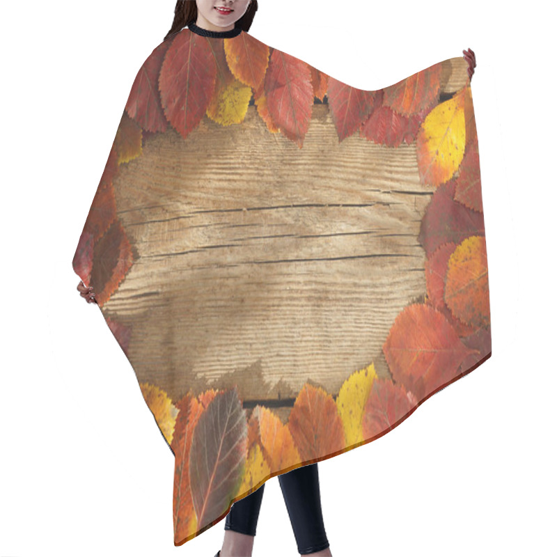 Personality  Autumn Background. Frame. Copy Space. Red, Orange Leaves From Trees On A Wooden Background. Alder Leaf. Hair Cutting Cape