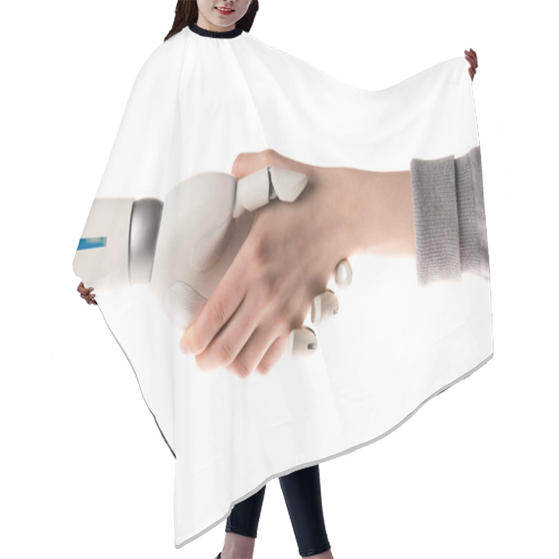 Personality  Cropped Image Of Robot And Woman Shaking Hands Isolated On White Hair Cutting Cape