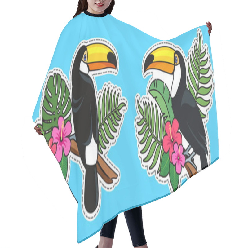 Personality  Toucan Bird Patches. Vector Illustration Of Toucan Sitting On A Branch With Tropical Leaves And Flowers Of Hibiscus. Cute Colorful Stickers Of Toucan Hair Cutting Cape