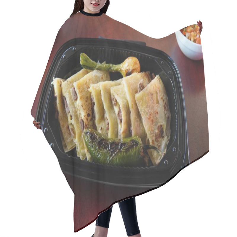 Personality  A Shot Of Delicious Mexican Quesadillas With Roasted Jalapeno And Onion Accompanied With Salsa And Baked Beans Hair Cutting Cape