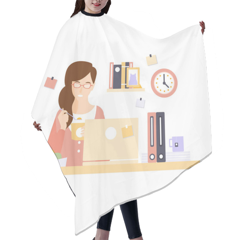 Personality  Woman Office Worker Eating Lunch In Office Cubicle Having Her Daily Routine Situation Cartoon Character Hair Cutting Cape