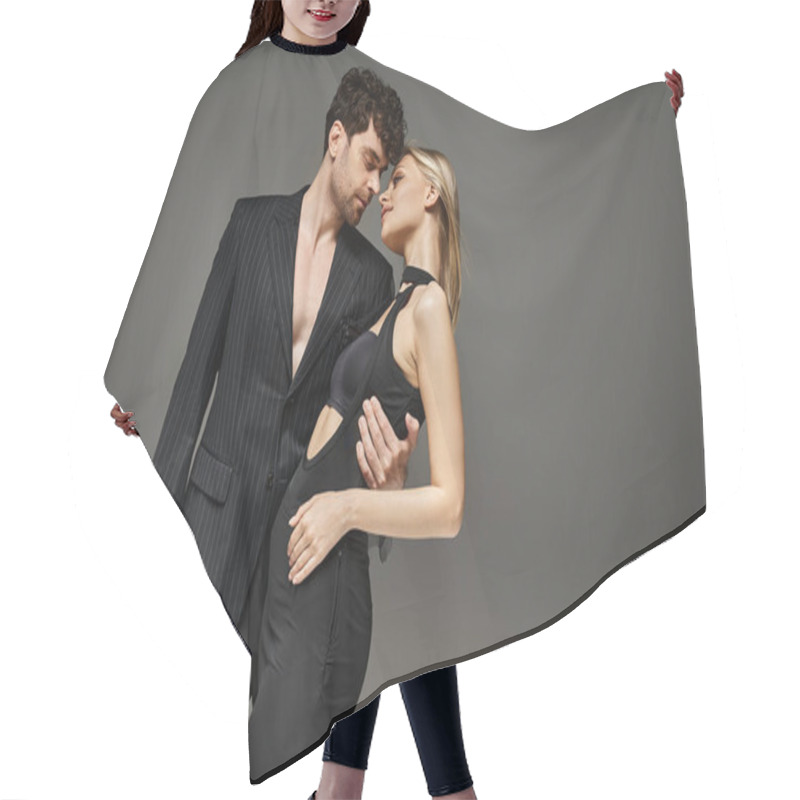 Personality  Beautiful Young Couple In Elegant Evening Attire Posing Together On Grey Background, Charm Hair Cutting Cape