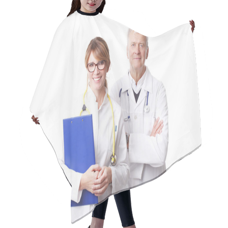 Personality  Doctor Standing With Senior Specitalist Hair Cutting Cape