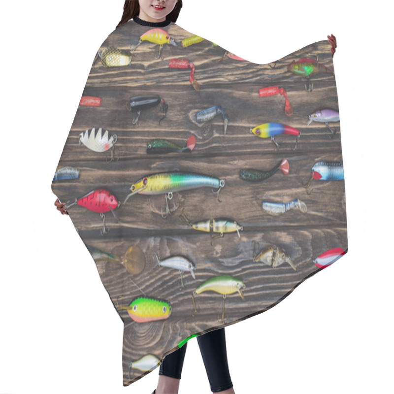 Personality  Flat Lay With Arranged Various Fishing Bait On Wooden Background  Hair Cutting Cape