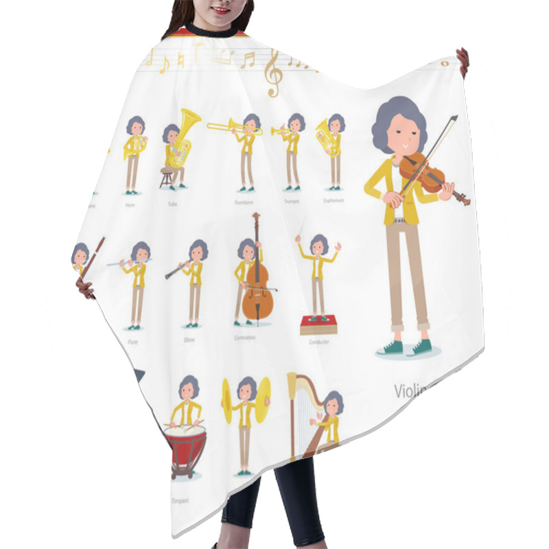 Personality  A Set Of Middle Women On Classical Music Performances.There Are Actions To Play Various Instruments Such As String Instruments And Wind Instruments.It's Vector Art So It's Easy To Edit. Hair Cutting Cape